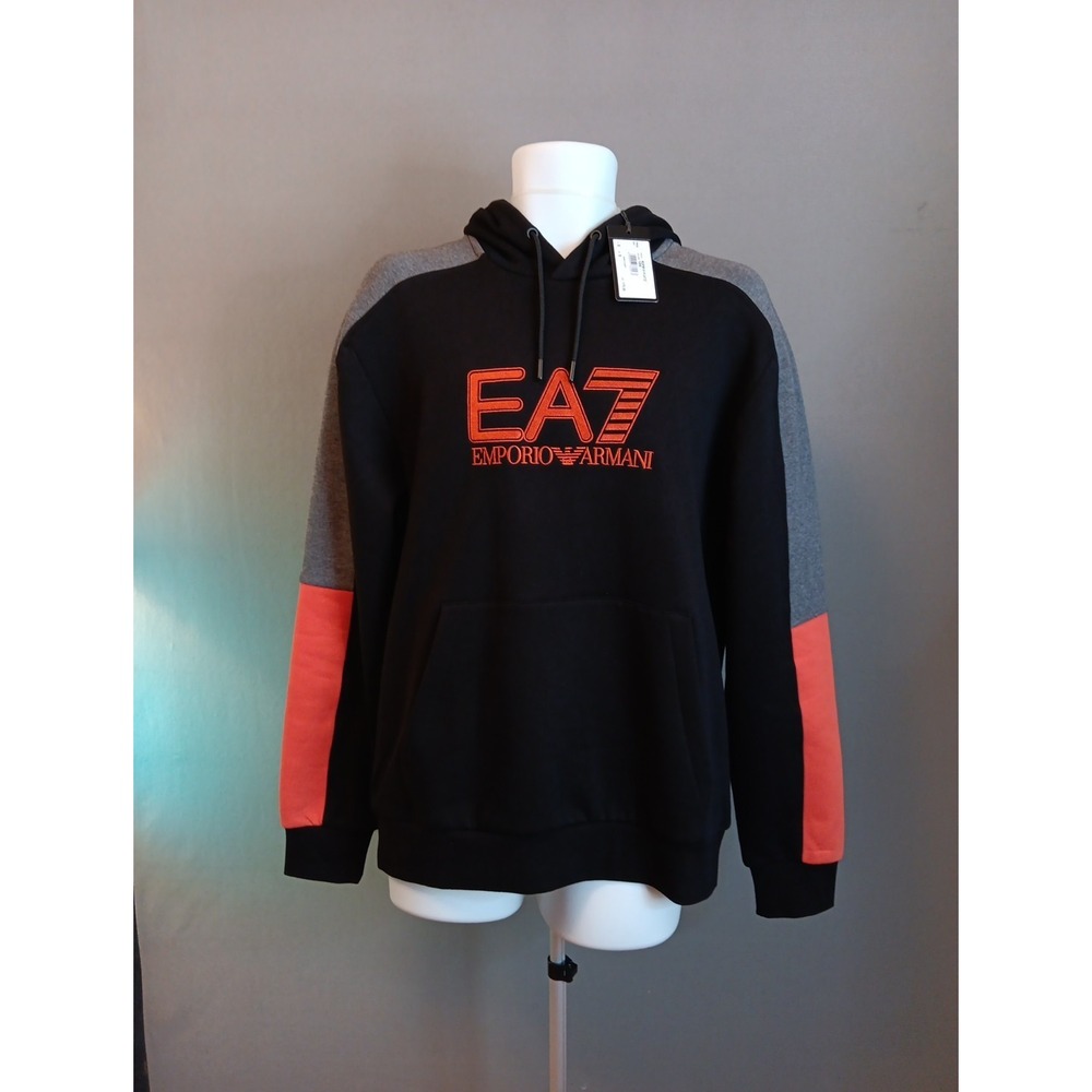 NWT EA7 Emporio Armani Men Black Orange Fleece Pullover Hoodie Small Brand New